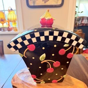 MARY ENGELBREIT At Home Red & Black Polka Dot Cherries Retro Cookie Jar Canister